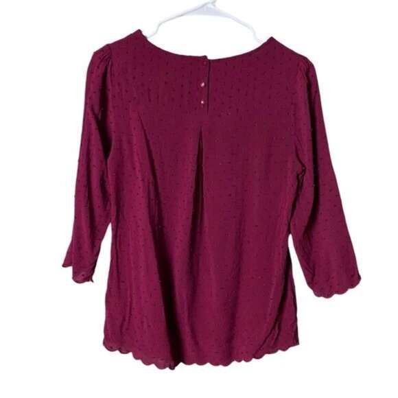 Anthropologie Maeve Women’s  Swiss Dot Blouse Size‎ 4 Maroon Scalloped Edge - Picture 6 of 10